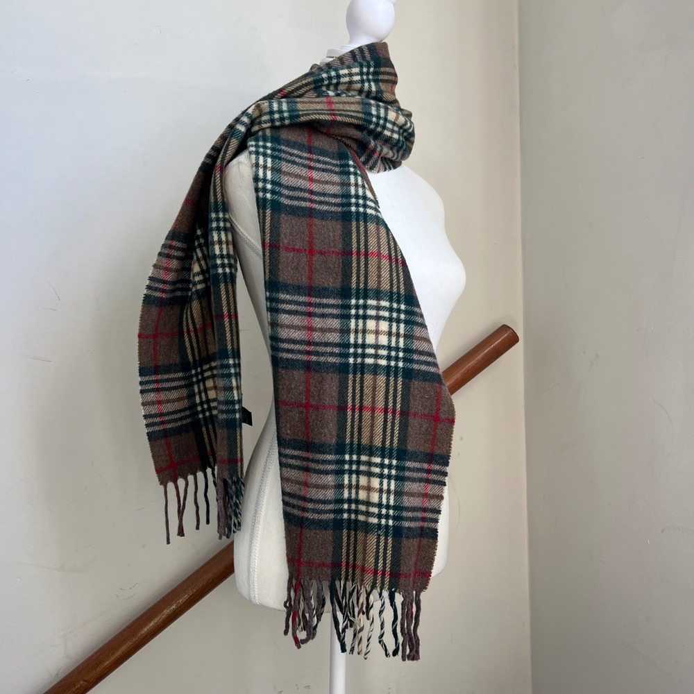 Vintage Gap Neck Scarf Brown Green Plaid 100% Wool Made in Italy Fringed Winter
